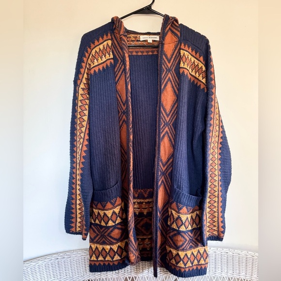 Lucky Brand Navy and Orange Hooded Knit Cardigan - Picture 7 of 8